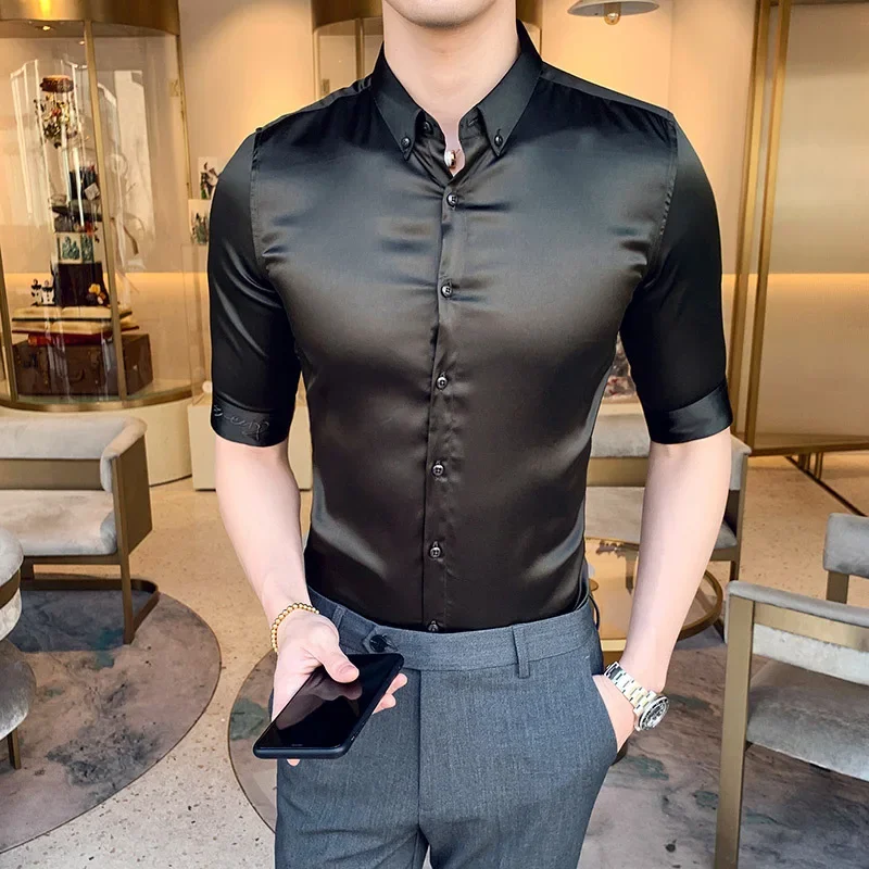 

Neckline Embroidery Mens Shirts Long Sleeve Casual Slim Fit Men Dress Shirts Solid Color Formal Business Social Clothing Blouse