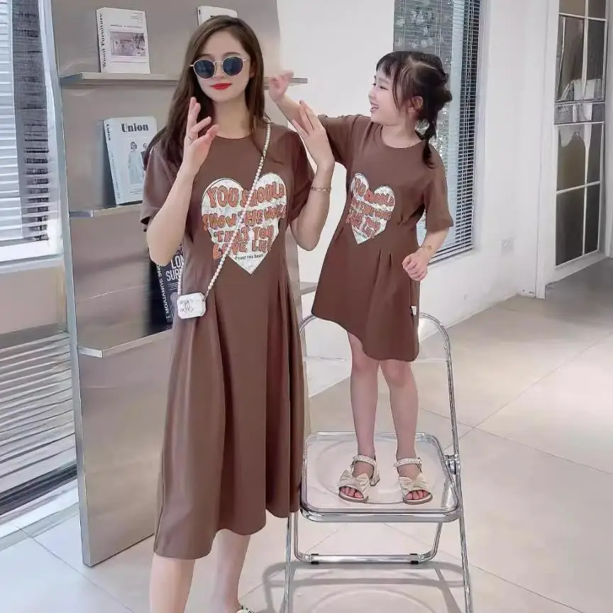 Korean style parent-child clothing summer fashion solid color printed  mother daughter short sleeved round neck casual dress - AliExpress 1501