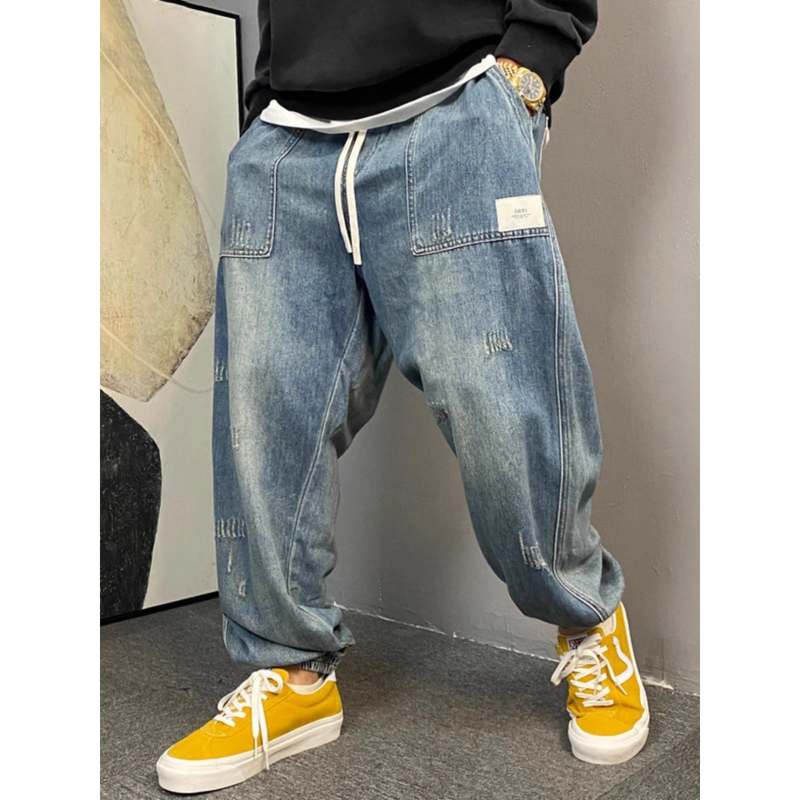 

Мужские джинсы большого размера с завышенной талией в стиле ретро, осенне-зимние брюки Харлан, свободные джинсовые брюки с манжетами, полиэфирное волокно, завязки на талии