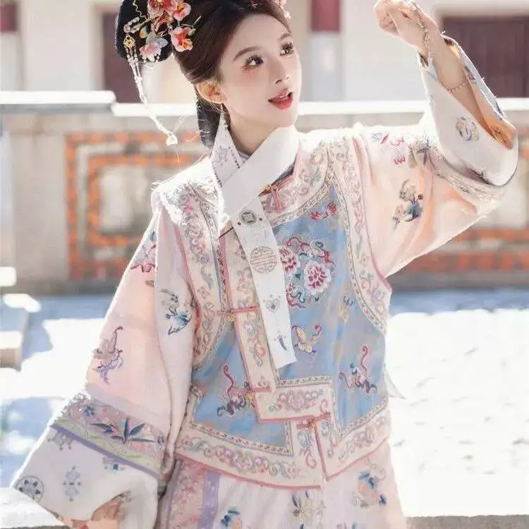 Gege Princess Qing Dynasty Printed Ancient Costume Headwear Qing Dynasty Yanji Princess Qipao Palace Gege Outfit Two-Piece Set