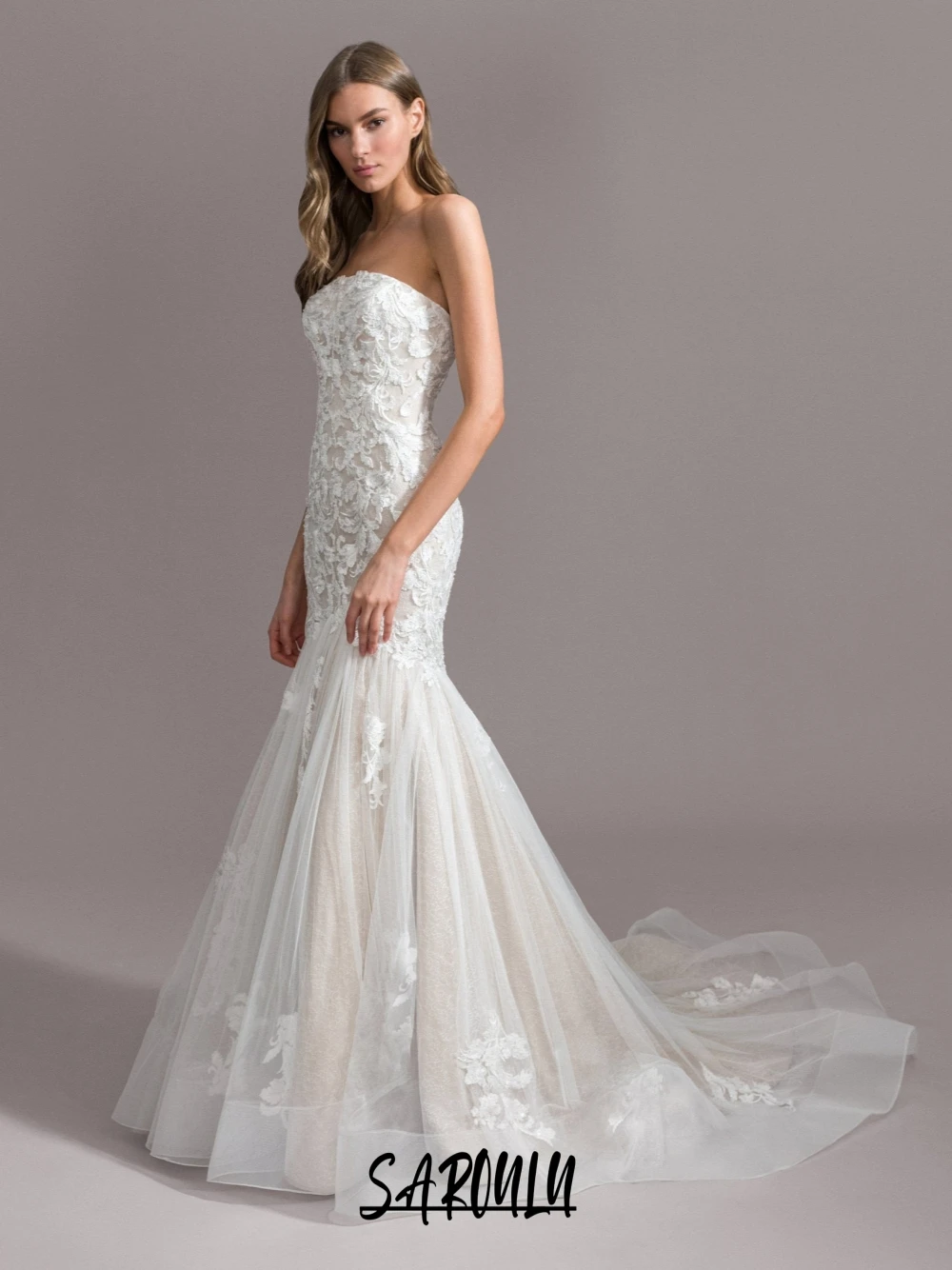 

SAROULU Delicate Strapless Lace Wedding Dress Modern Mermaid Customized Bridal Gown Women Sleeveless Zipper Back Dreamy