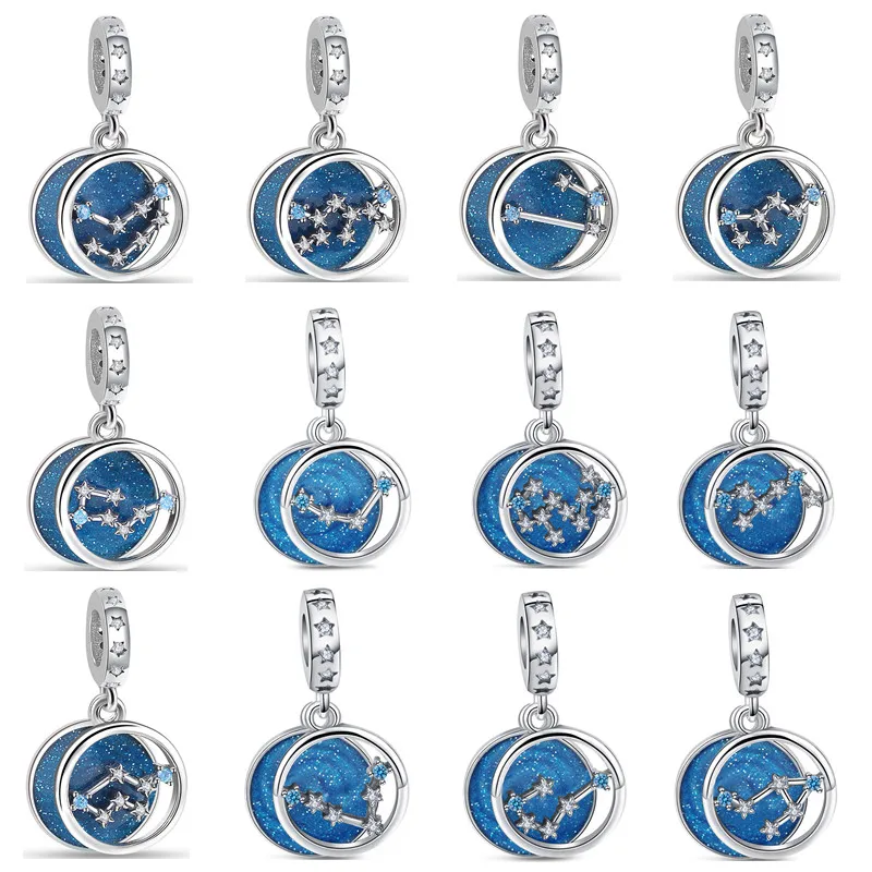 

Blue 925 Sterling Silver 12 Zodiac Constellation Pendant Charm DIY Dangle Beads Fit Original Pendant Bracelet Charm Jewelry Gift