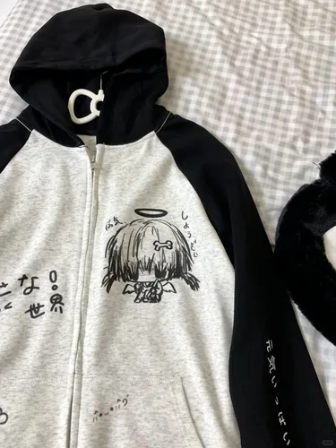 Imagen 2 del producto Sudadera con capucha con cremallera para mujer, sudadera Grunge japonesa de dibujos animados, ropa de calle, chaquetas con estampado de Anime, Tops Y2k, prendas de vestir exteriores holgadas informales