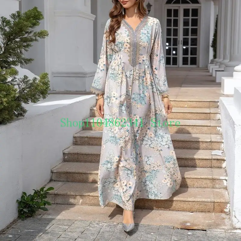 여성 이슬람 드레스 가운 꽃 프린트 드레스 이슬람 전체 길이 드레스 느슨한 중동 Thobe 여성 긴 소매 드레스