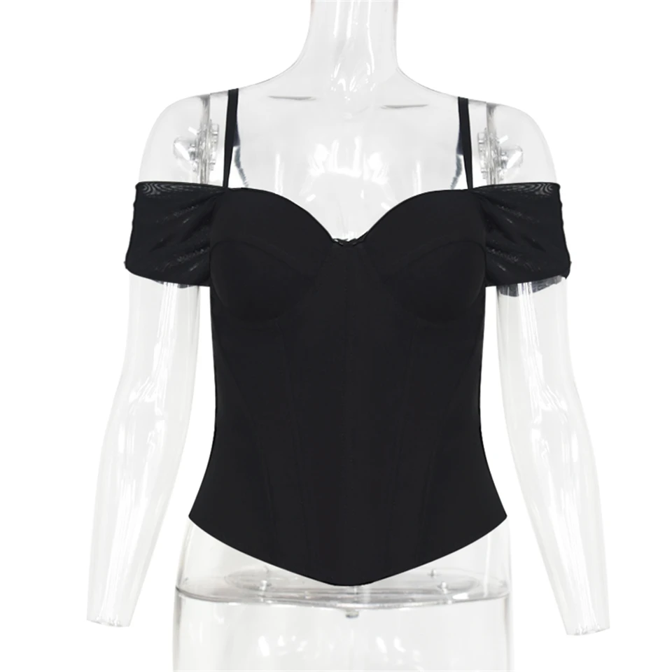 Becirzet Damen Schwarzes Korsett, Drahtloser BH, Sexy Off-Shoulder-Top, Vintage-Fischgrätenmuster, Taillenbetonendes Tanktop – Detail 12