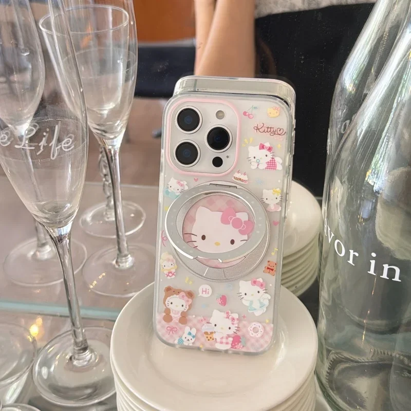 

Cute pink plaid drink milk tea Hello Kitty 360 rotating integrated bracket mobile phone case for iPhone 17 16 15 Pro Max