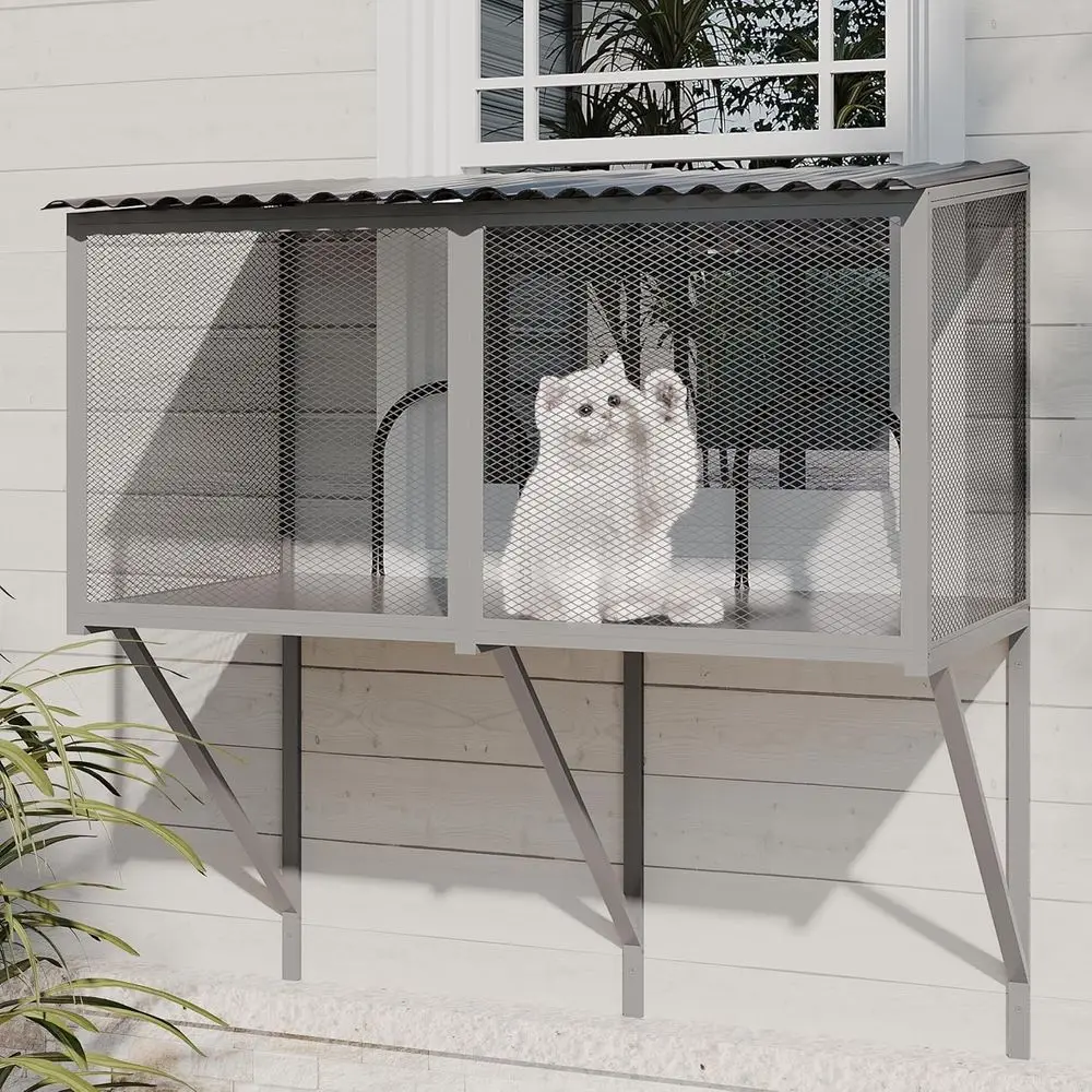 

Sturdy Metal Cat Enclosure with Waterproof Roof and Insect Net for Outdoor Exploration and Rest, Grey