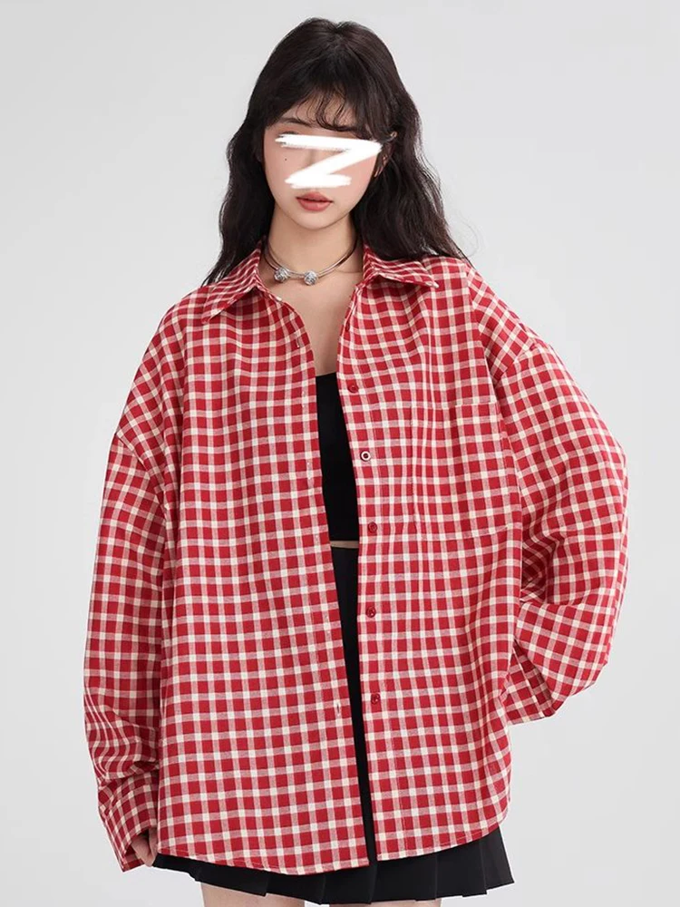 

Jmprs Women Loose Red Plaid Shirt Casual Long Sleeve Vintage Oversize Blouse Fall New Retro American Streetwear Female Tops