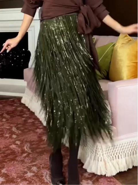 

Tassel Women Green Sequin Midi Skirt Chic High Waist Bodycon Long Shiny Sequined Bottom Lady Christmas Evening Party Club Skirts