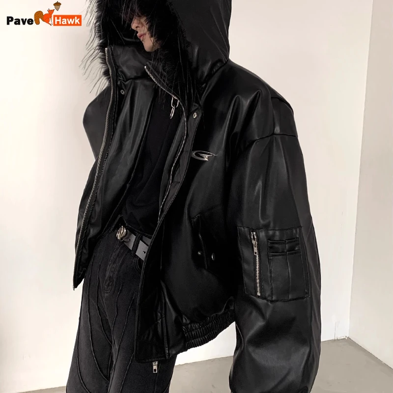 Hooded Pu Leather Cotton Jacket MensThicken Street Punk Motorcycle Fluffy Bread Coats Hip Hop Trend Metal Badge Design Parkas