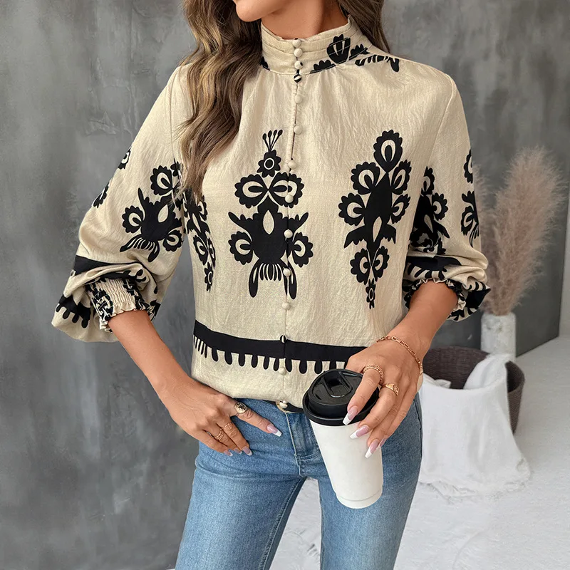 

Vintage French Style Women’s Stand Collar Single-breasted Casual Trendy Long Lantern Sleeve Loose Blouses Female Shirts Clothes