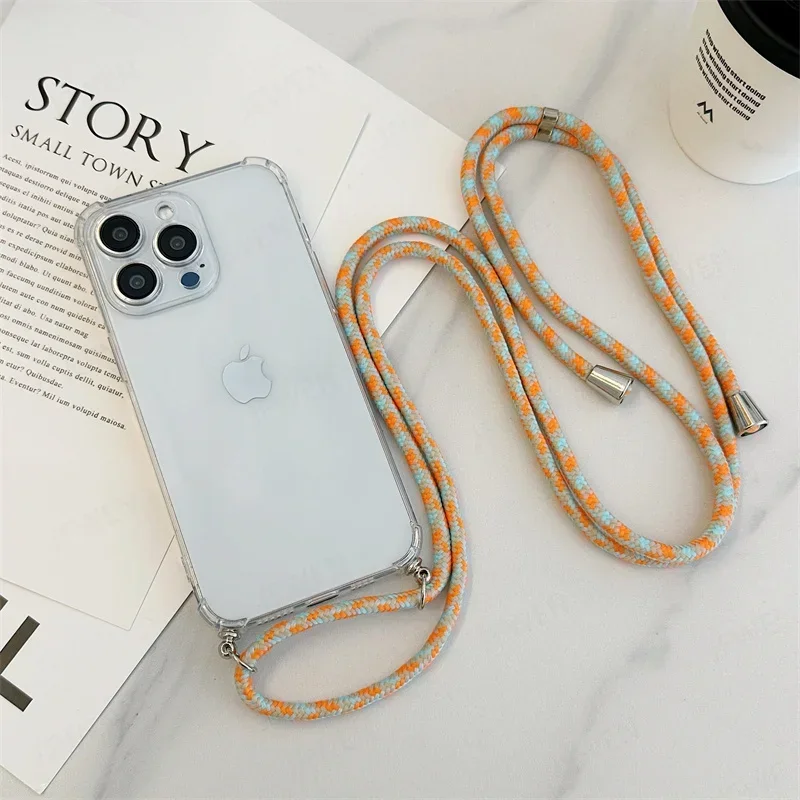 Crossbody Lanyard Clear Phone Case For iPhone 16 15 14 13 12 Mini 11 Pro Max Plus Shockproof Silicone Soft TPU Back Cover