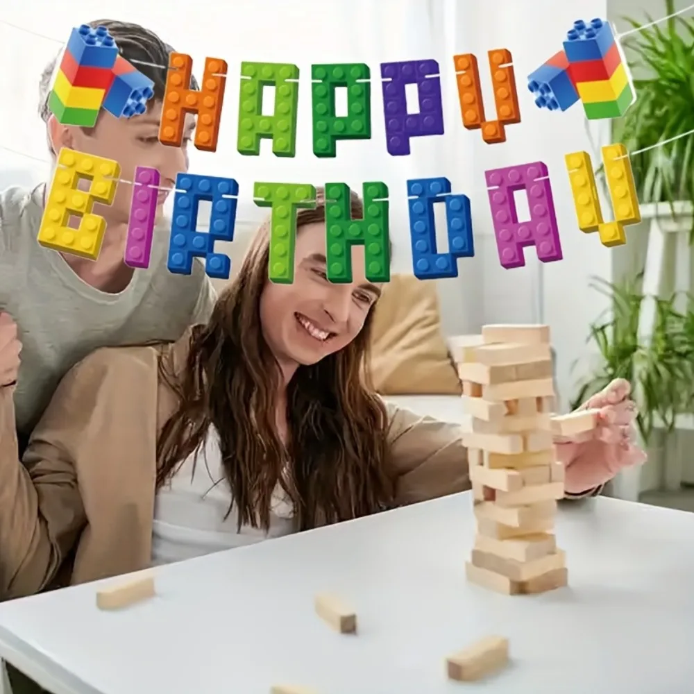 Building Block Flags, Colorful Building Block Party Props, Decorative Banners, Birthday Party Supplies Set, Home Decoration, Party Atmosphere Creation Props view 5