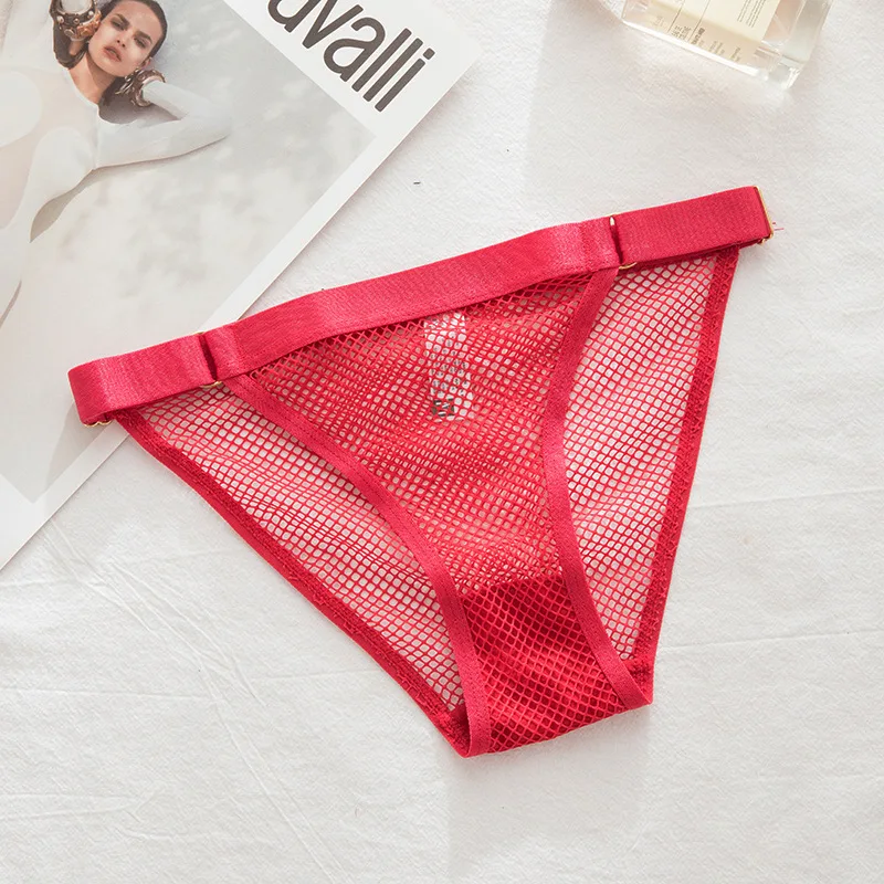 2023 New Women\'s Underwear Mesh Panties for Female Low Waist Traceless Metal Ring Briefs Breathable Sexy Adjustable Ice Silk