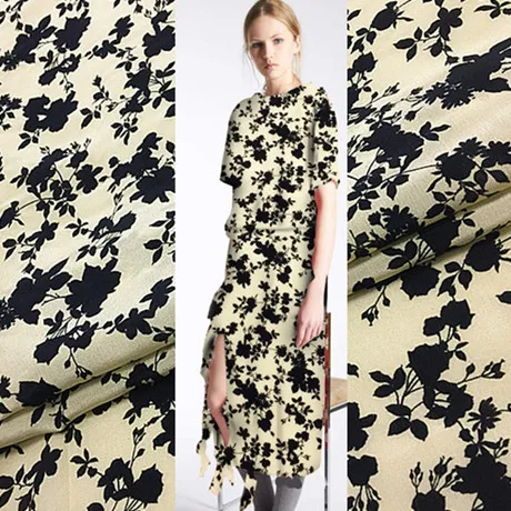 2022 new arrival 100% mulberry silk fabric pure silk crepe de chine fabric black floral on light yellow bottom,SCDC1416