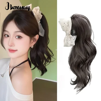 ผมหางม้าเทียมรูปโบว์สีขาวลายจุดสีขาวสำหรับที่ยืดผมผมหางม้าปลอมแบบจีนสีดำใส่ได้ทุกวัน