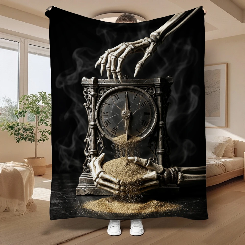 1pc Skeleton Hand Clock Sand Printing Flannel Blanket Soft Comfortable Warm Bed Cover Autumn Winter Season Living Room Bedroom Halloween Thanksgiving Christmas Festival Gift