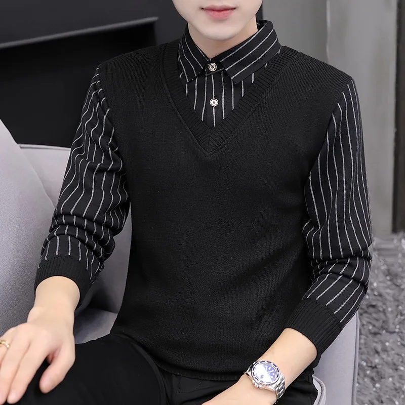 2024 New Men's Casual Fake Two Sweaters Knitwear Fashion Plingham Letter Print Sweater Vest Long Sleeve Shirt