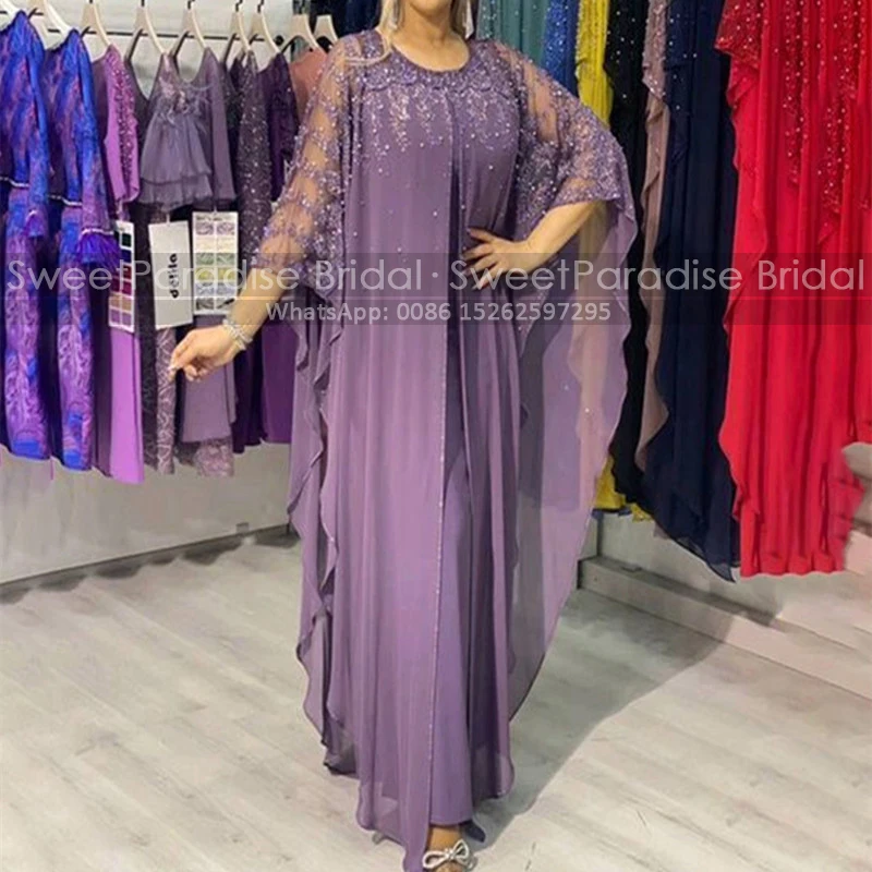 Customized Appliques Beaded Mother of the Bride Dresses With 3/4 Long Sleeves A Line Kaftan Women Chiffon Evening Dress