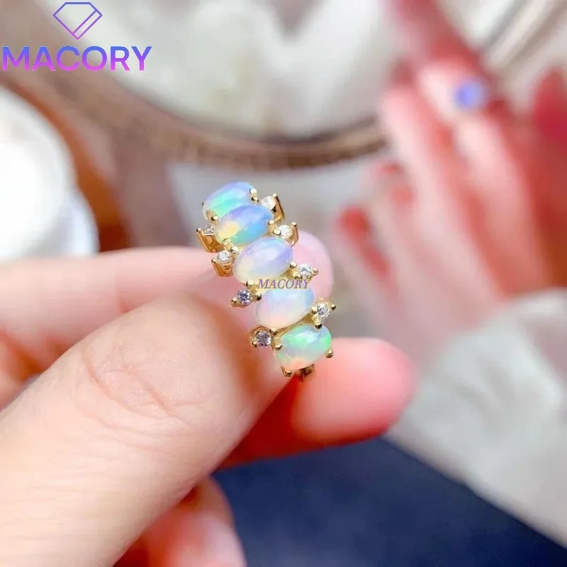 천연 호주 오팔 반지 5개 4*6MM 보석 925 스털링 실버 여성용 결혼 약혼 선물