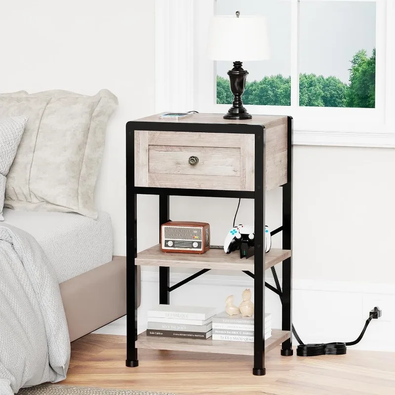 

Nightstand with Charging Station,Night Stand with Drawer,Bed Side Table with USB Ports and Type C Port