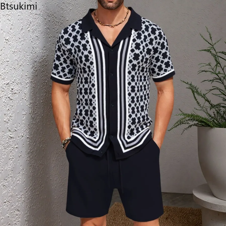 

Мужские трикотажные жаккардовые комплекты из двух предметов в стиле ретро, летняя модная повседневная рубашка-поло с кубинским воротником и короткими рукавами, шорты, мужская одежда