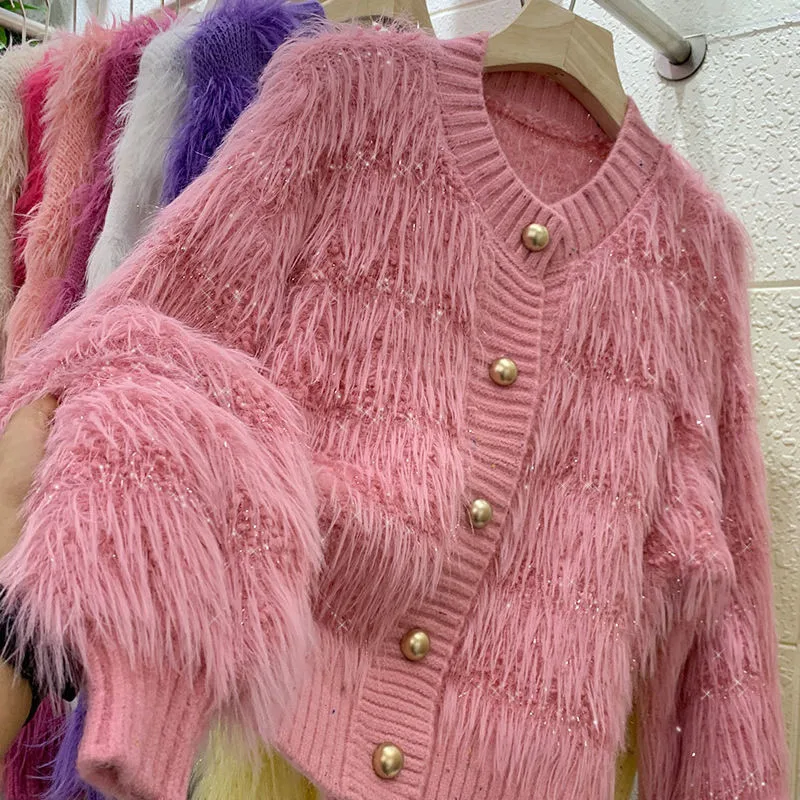 

Яркий трикотаж из норки Lmitation, пальто 2025 года, вязаный кардиган с круглым вырезом, женский осенне-зимний новый свободный свитер, куртка