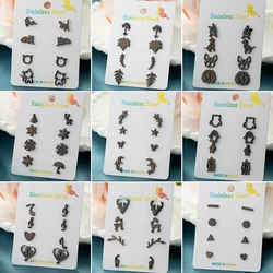 4Pairs/Lot Black Stainless Steel Earrings Sets for Women Fashion Bunny Penguin Leaf Earing Snowflake Ear Studs Christmas Jewelry