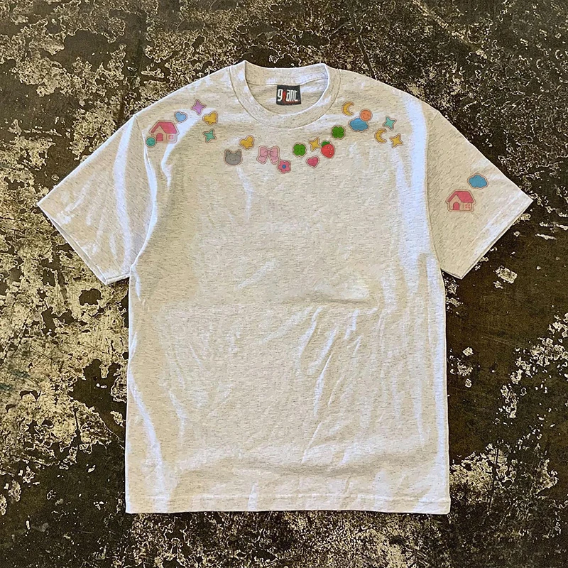 Heavyweight Pure Cotton T-Shirt Loose Fit Short Sleeve Hand-Drawn Graffiti Print Pink House Story Multi-Functional Sportswear