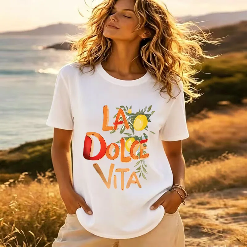 La Dolce Vita Lemon Print T-Shirt Women High Quality Tee Italian Summer Casual Short Sleeve Tee Vacation Tops Cool Soft Tshirt