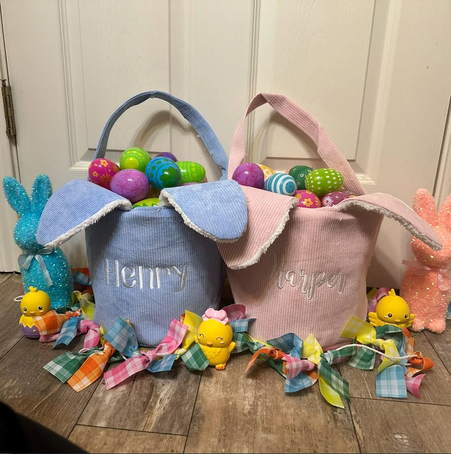 

Personalized Easter Basket Bunny Embroidered Name For Kids Hand-held Adorable Egg Tote Bags Hunt Party Decoration Child's Gift