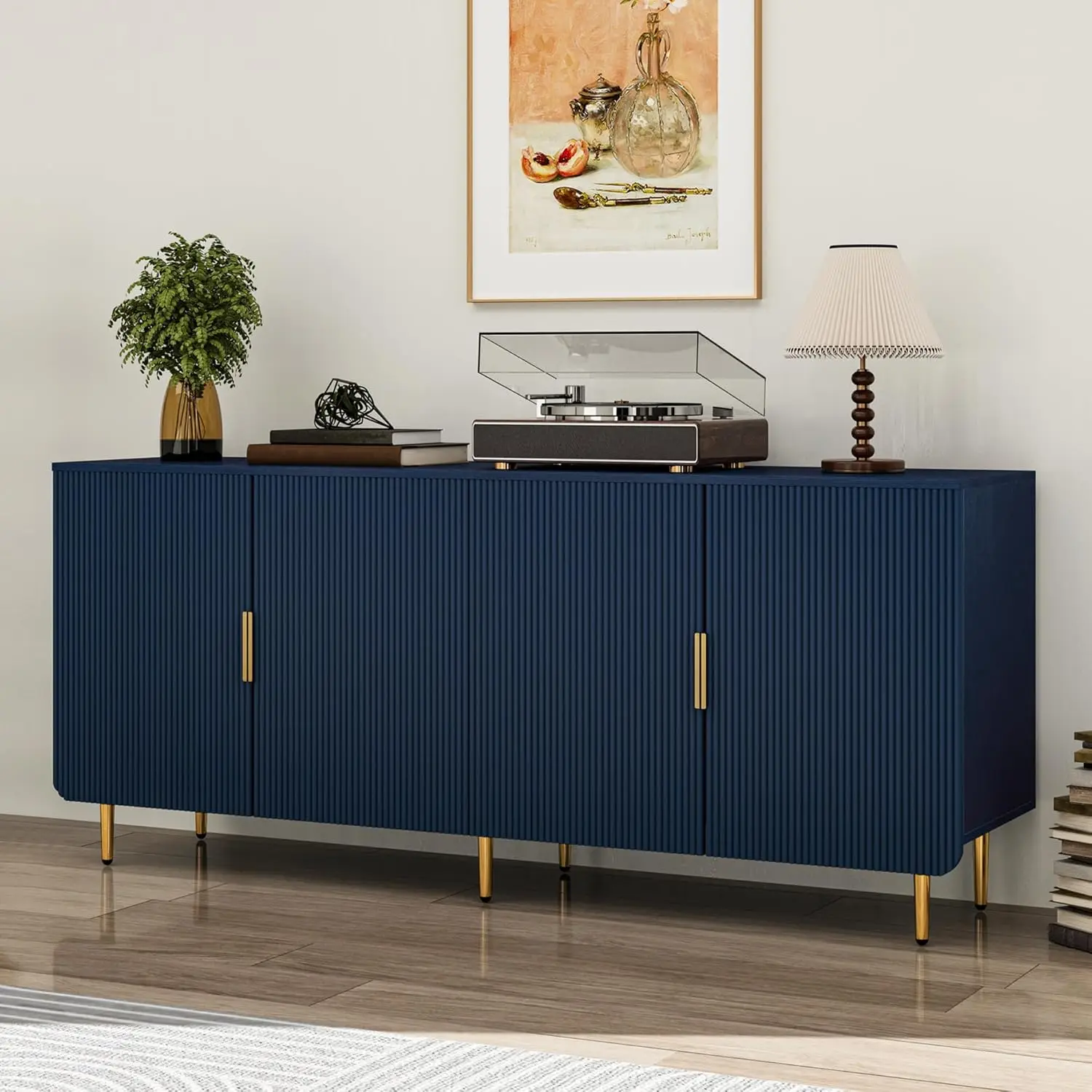 

65" Fluted Sideboard Buffet Cabinet with Storage, Console Cabinet with 4 Doors & Adjustable Shelves,Blue