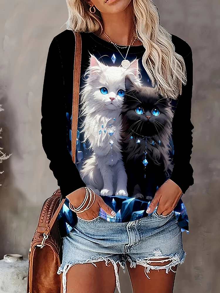 

2025 New 3D Cat Print Women's Fall/winter Warm Long-sleeved T-shirt Daily Casual Women's T-shirt Urban Street Style Women's Top
