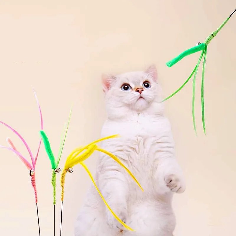 

Cat Toy Feather Toys Cats Stick Teaser with Bell Steel Wire Cat Interactive Toy Funny Feather Toys for Cats Teasing Pet Products