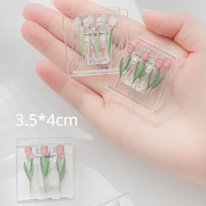 INS Small Fresh Tulip Transparent Acrylic Square Clips Note Paper File Organizer Clamp Snack Seal Clip School Office Accessories