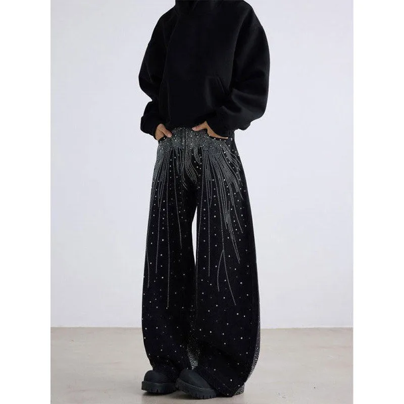 

Retro American Washed Men's Knife Jeans High Waist Straight Leg Loose Fit Diamond Heat Pressed Street Style Trousers