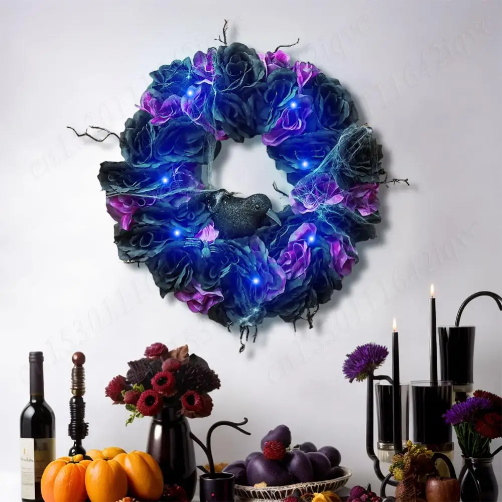 

40cm Halloween Branches Crow Garland Hanging Wreath Ornament Black Crow Door Wreath Spooky Decorative Wreath for Wall Door