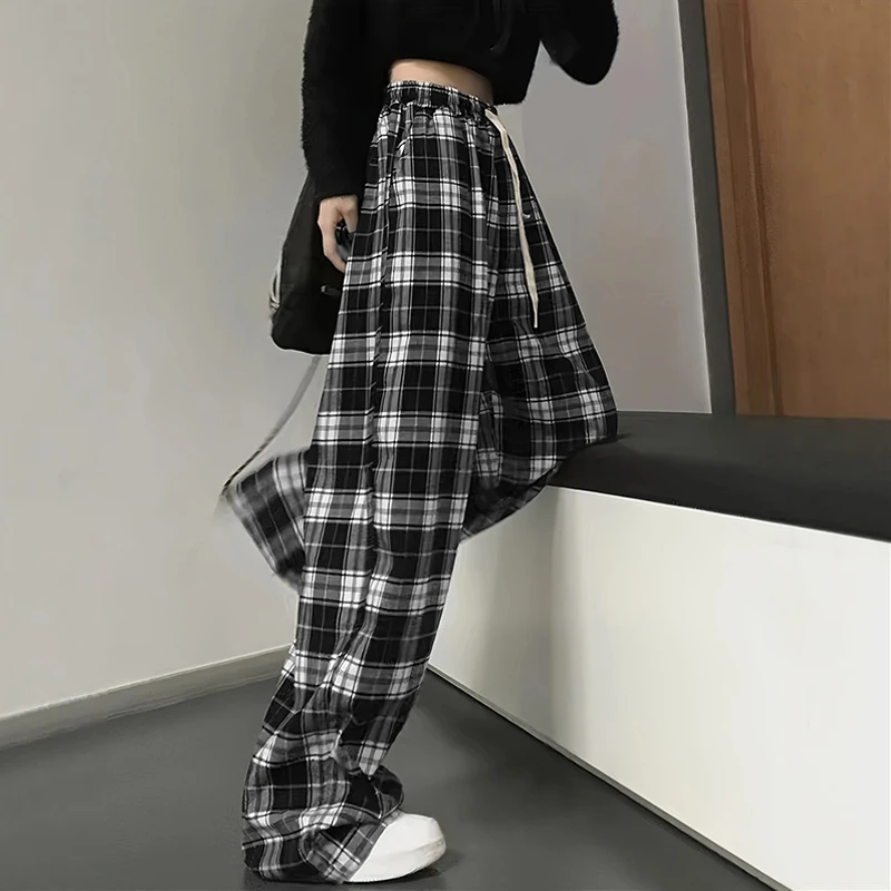 2024 Thin Women Korean Version of High-waisted Wide-leg Pants Casual Straight Hit Color Plaid Elastic Waist Dragging Pants