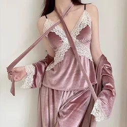 2023 New Velour 3 Piece Set Sexy Lace Patchwork Cmai&pants&robe Women Warm Winter Homewear Pajamas Loose Sleepwear Lingerie