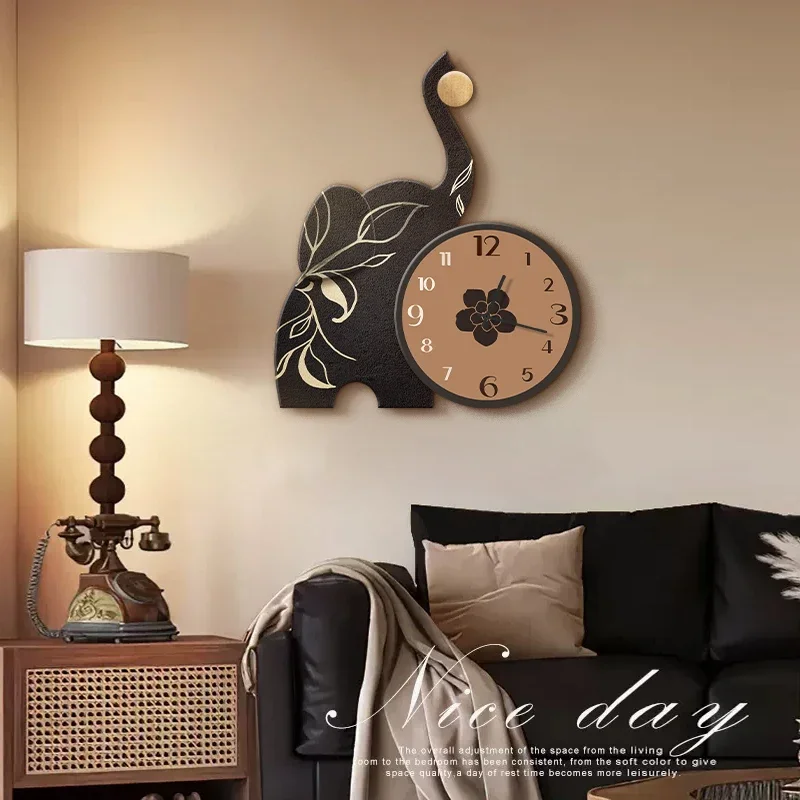 

French ancient clock wall clock Living room 2024 new vintage elephant restaurant decorative painting creative clock hanging wall