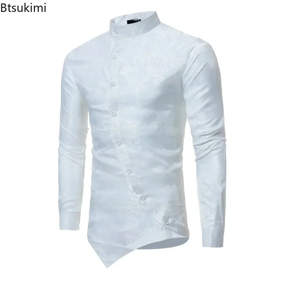 2026 Men\'s Irregular Oblique Hem Shirts Fashion Printed Stand Collar Button Long Sleeve Shirts Slim Casual Social Shirts for Men
