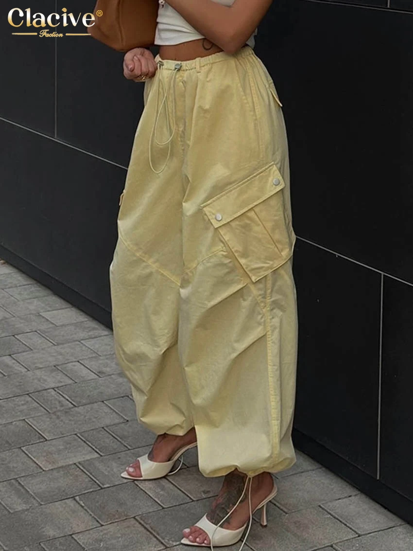 Clacive Fashion Loose Yellow Cotton Women's Pants Casual High Waist Wide Trousers Elegant Classic Pockets Pants Female Clothing