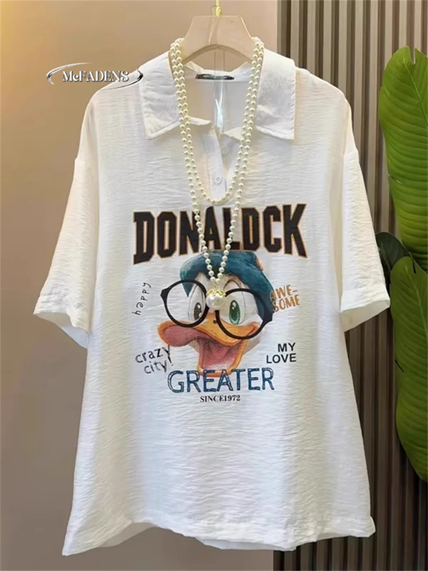 

Рубашка больших размеров с мультяшным принтом, облегающая футболка в корейском стиле, длинные брюки с высокой талией, летняя модная женская одежда