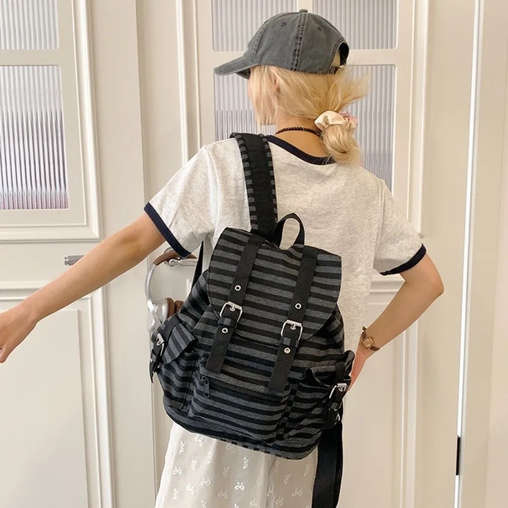 Casual Large Capacity Striped Backpack Y2K Korean Style Students Schoolbag Nylon Multi-pocket Hiking Camping Bag College