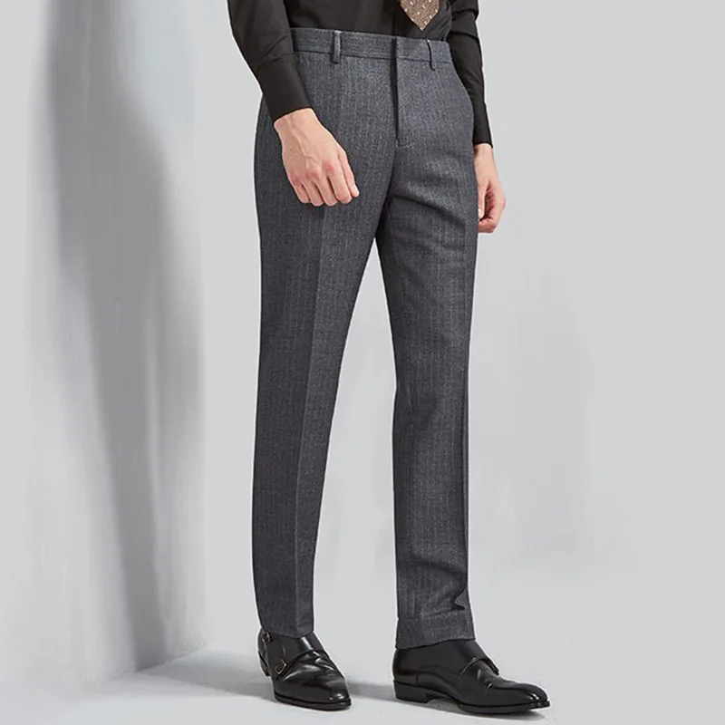 High Quality Italian Men's Business Formal Pants Youth Gray Striped Straight Slim Fit Trousers Non-iron Work Banquet Wedding