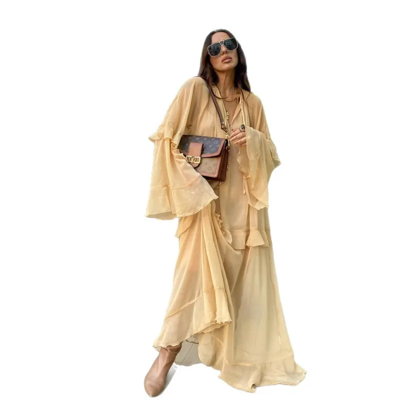 Chiffon Ruffled Long Dress For Women Flared Sleeves Long Sleeve V-Neck High Waist Dress Female Summer Casual Loose Dress