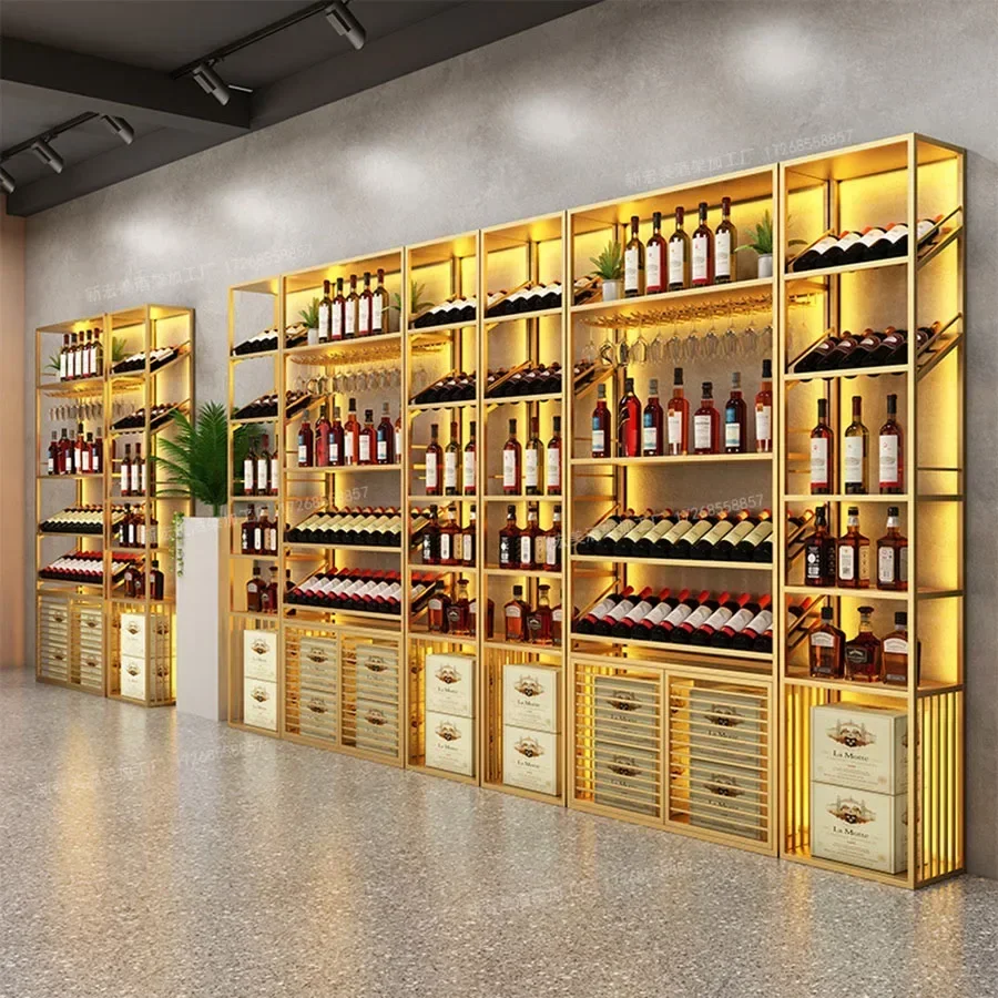 リビングルームのワインラックゴールドデザインディスプレイフロアコラムストレージドリンクホルダー棚ワインキャビネット垂直ビトリナバー家具