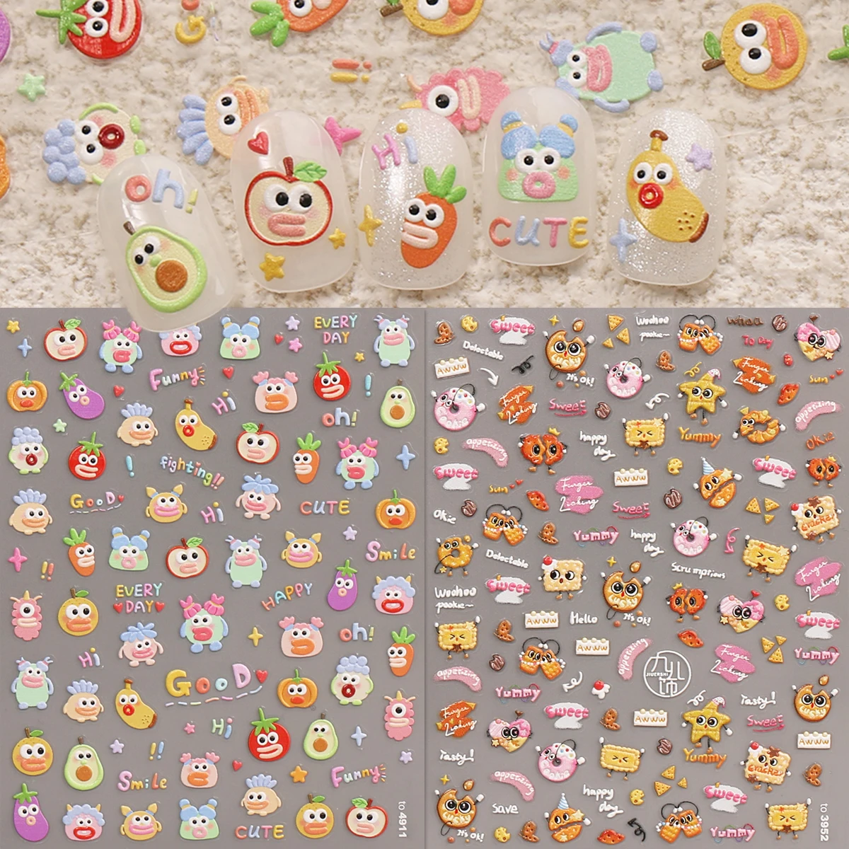 2pcs cartoon cookie fruit embossed exquisite nail art sticker, artistic nail art decal, easy to apply nail decoration, DIY, gift