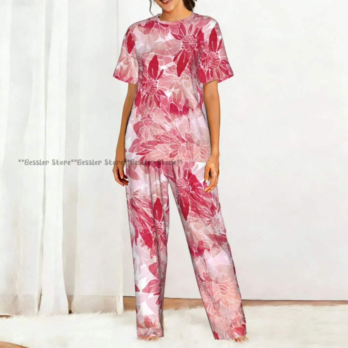 Pink Chrysanthemum Pajamas Set Short-sleeved Women Home Clothing view 5