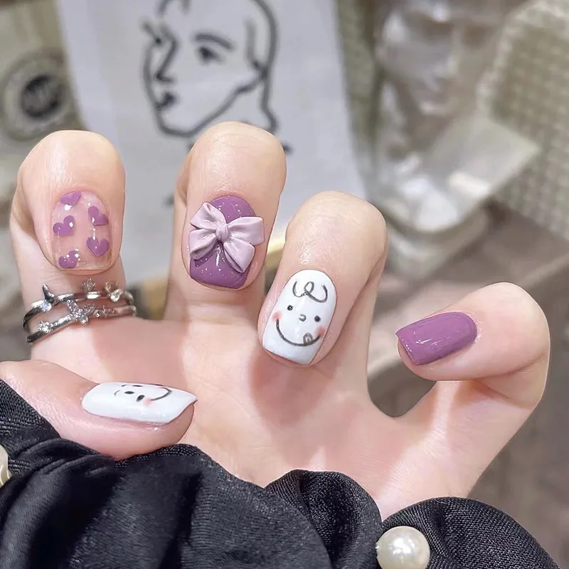 24Pcs/Set Purple Bowknot Wearing False Nails Art Kids Smiley Design Acrylic Press on Nails Artificial Full Cover Stick on Nails